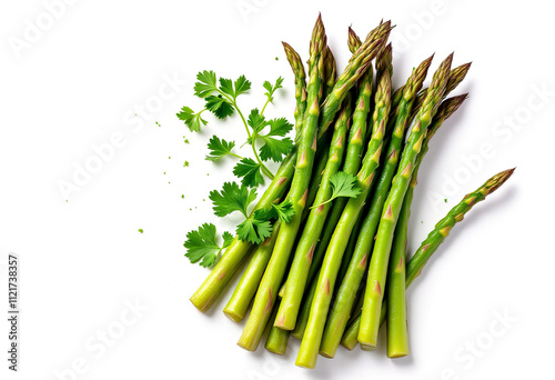 Top view a boiled asparagus with parsley isolated on white background