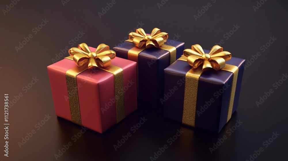 Three Gift Boxes With Gold Ribbons and Sparkling Details on Rustic Wooden Table Three Gift Boxes With Gold Ribbons and Sparkling Details on Rustic Wooden Table