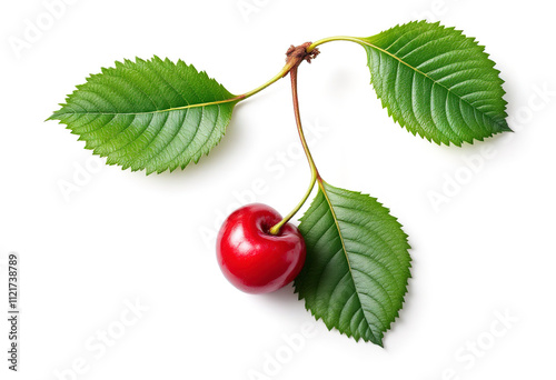 Top view a cherry with melissa leaf isolated on white background