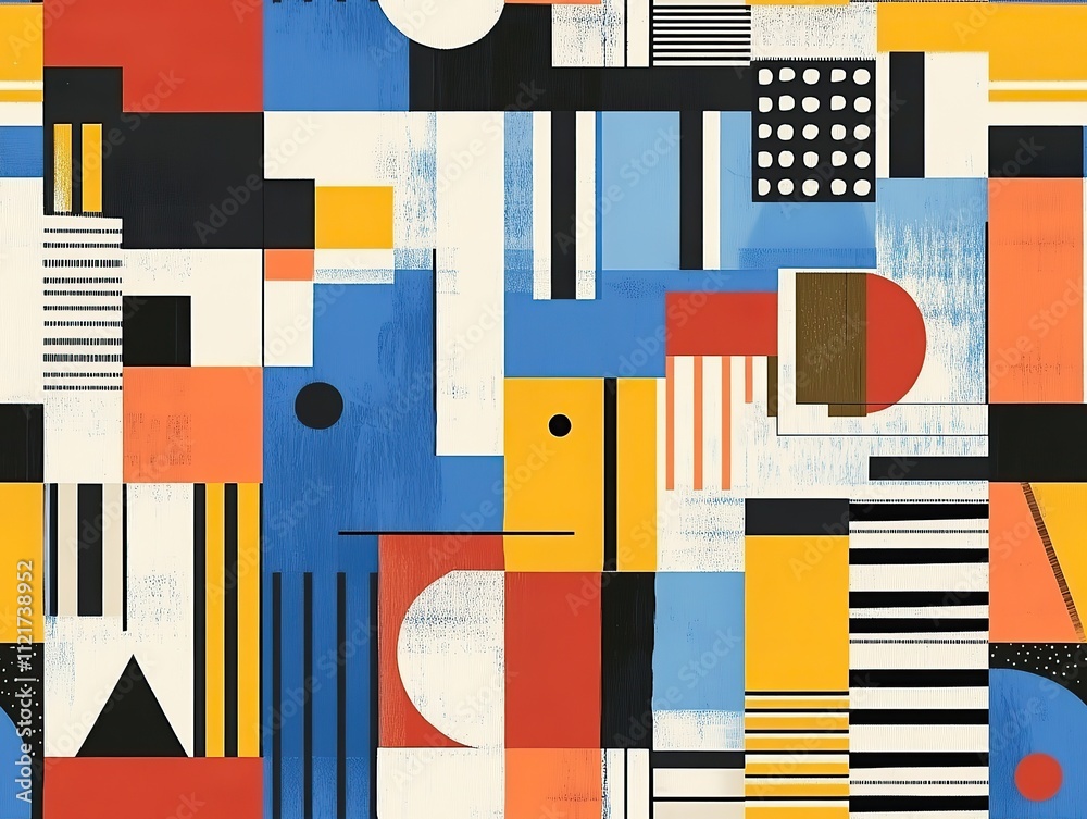 Abstract geometric pattern with a bold and colorful design featuring geometric shapes and stripes in a seamless repeating pattern. Abstract geometric pattern with a bold and colorful design featuring geometric shapes and stripes in a seamless repeating pattern.