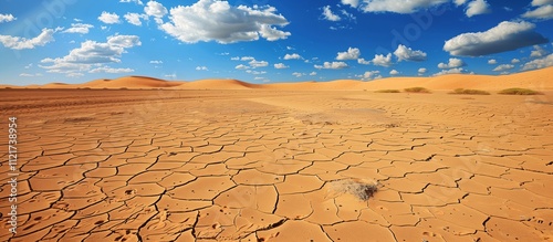 Dry and Cracked Desert Soil Under a Vibrant Blue Sky, Concept of Climate Change, Natural Environmental Crisis