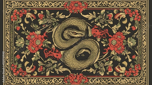Chinese New Year illustration with the Year of the Snake theme, featuring red lanterns glowing with warm light. A snake coils elegantly among the lanterns, creating a festive atmosphere.