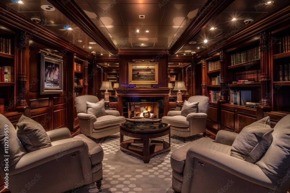 Luxurious Library with Fireplace and Bookshelves Luxurious Library with Fireplace and Bookshelves