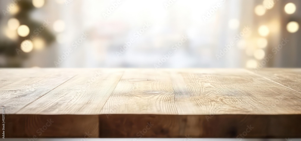 Empty wooden table against blurred festive background.