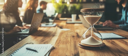 Hourglass on a Desk with Blurred People Working