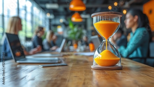 Hourglass on a table in an office with blurred people