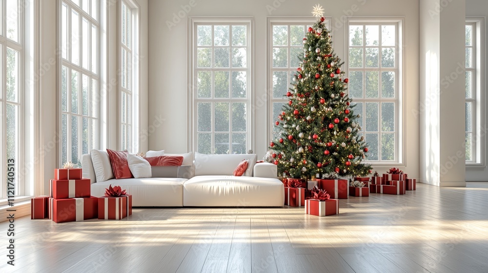 Large Living Room With Christmas Tree, Fireplace, and Sunlight Creating Warm and Festive Holiday Atmosphere Large Living Room With Christmas Tree, Fireplace, and Sunlight Creating Warm and Festive Holiday Atmosphere