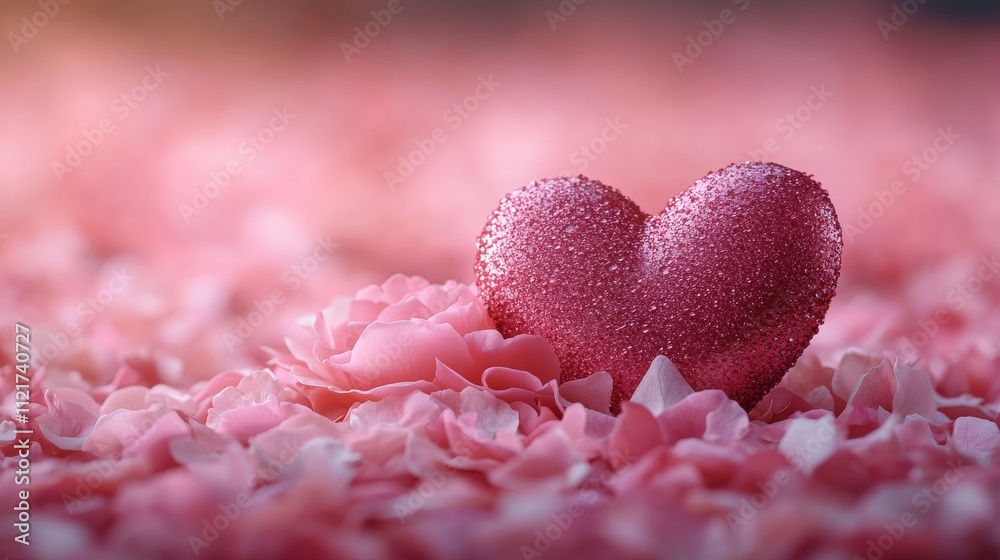 Fototapeta premium Pink heart on pink rose petals perfect for Valentines Day cards, romantic messages, or love themed designs with soft, elegant backgrounds
