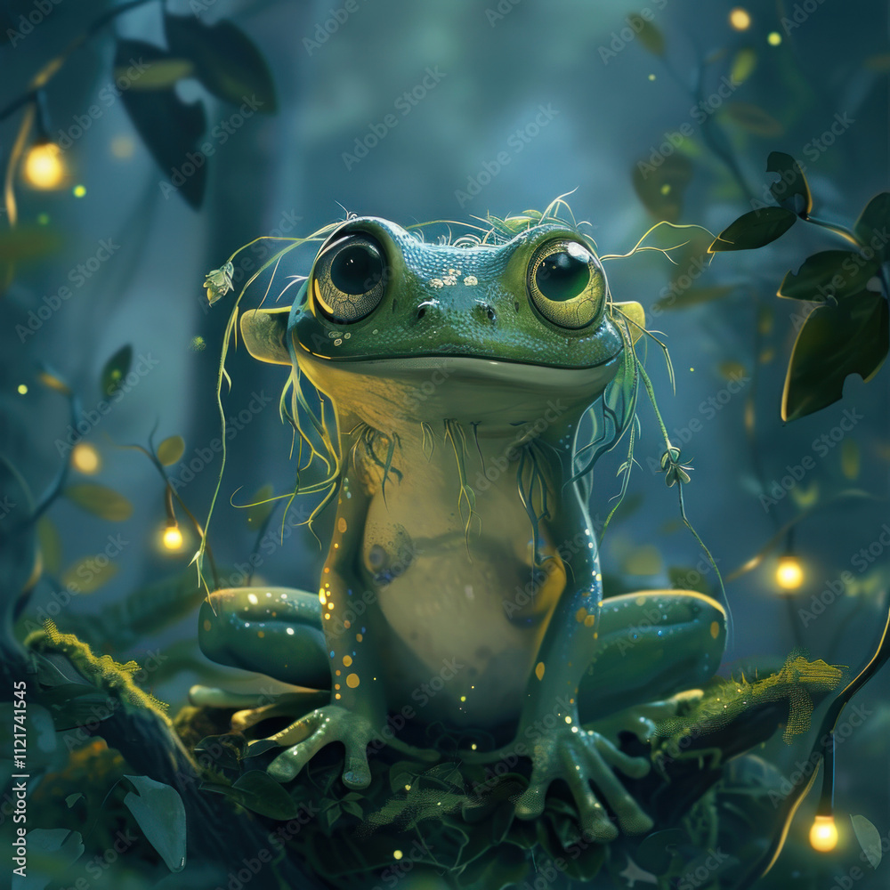 image of a charming frog sitting on a branch surrounded by green leaves.,. image of a charming frog sitting on a branch surrounded by green leaves.,.