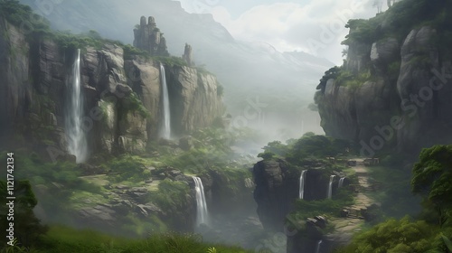 Misty Mountain Valley With Waterfalls And Ancient Ruins