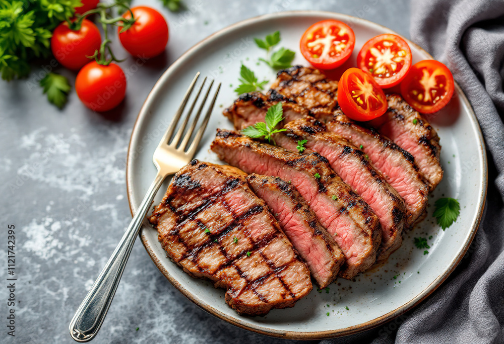 Top view a grilled steak slices with fresh tomatoes on a plate Top view a grilled steak slices with fresh tomatoes on a plate