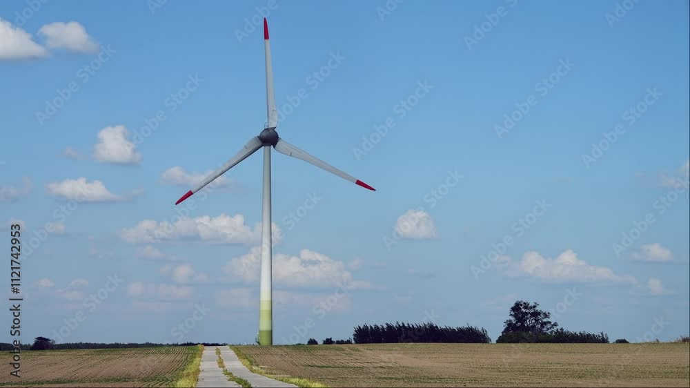Dirt road leads through green field with two wind turbines towering under blue sky filled with white clouds, symbolizing harmony between nature and progress Dirt road leads through green field with two wind turbines towering under blue sky filled with white clouds, symbolizing harmony between nature and progress