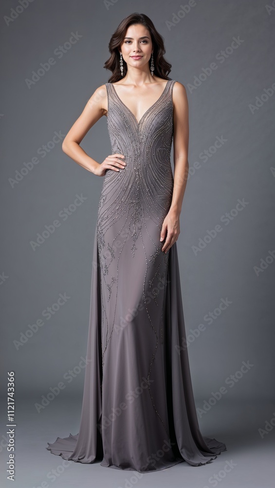 Chiffon floor length gown intricate beadwork gray background Chiffon floor length gown intricate beadwork gray background