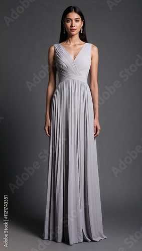 A line floor length dress soft pleats gray background 