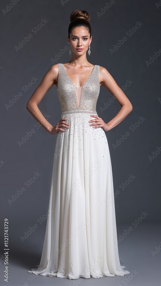 Fototapeta premium Floor length chiffon dress diamond embellishments deep V neck white background