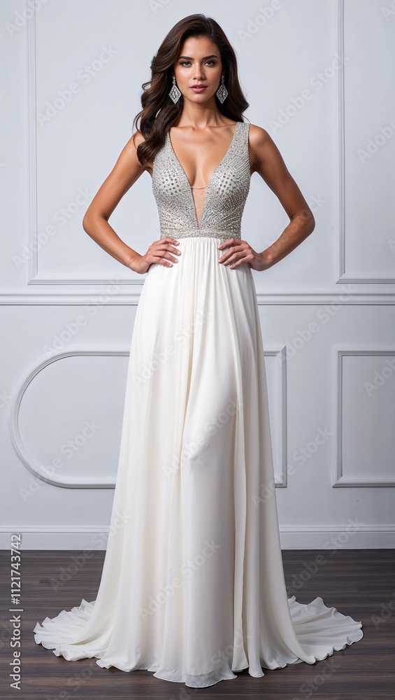 Floor length chiffon dress diamond embellishments deep V neck white background Floor length chiffon dress diamond embellishments deep V neck white background