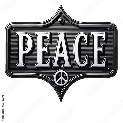 "Peace" metal sign illustration in a sleek italic style with a black color on a white background, copy space