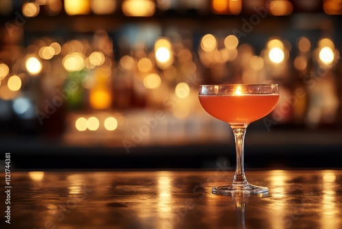 Pink cocktail in coupe glass on bar counter with blurred background lights.
