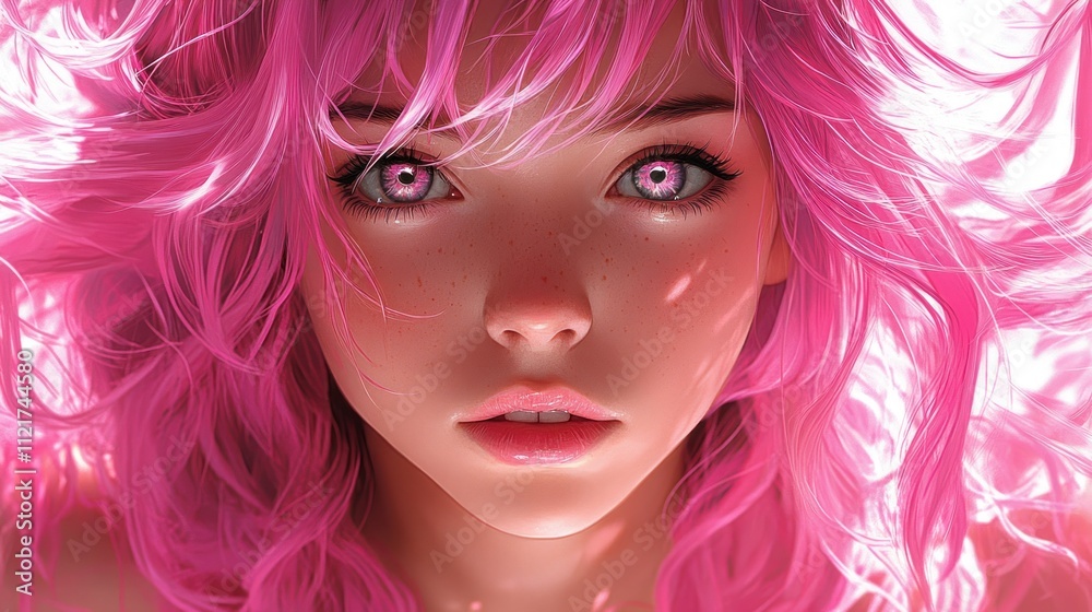 A close-up portrait of a girl with pink hair and eyes A close-up portrait of a girl with pink hair and eyes