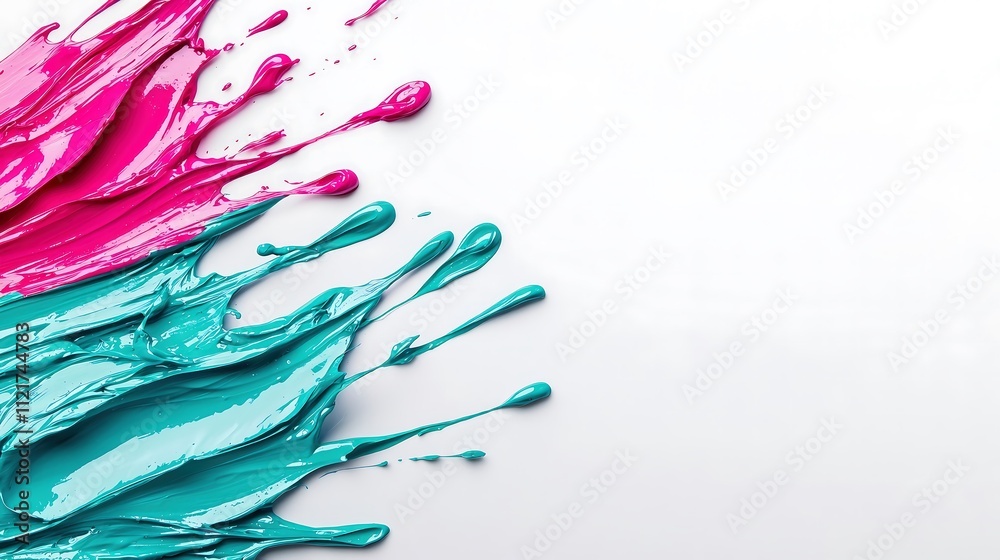 An intricate mix of teal and magenta paint splashes across a minimalist white background, providing a striking contrast that enhances the visual appeal of the beauty items displayed. The vivid colors