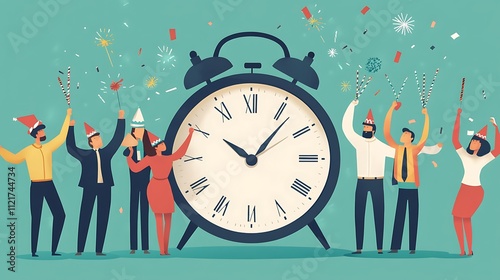 Illustration of a company team celebrating the new year 2025 with new targets and goals full of enthusiasm.