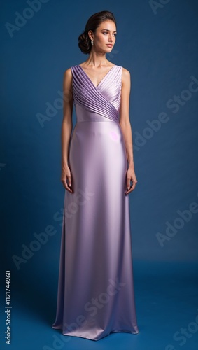 Floor length satin dress pleated bodice blue background 