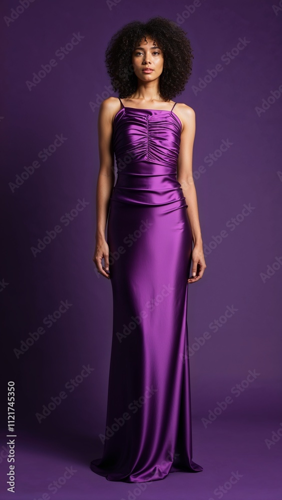 Floor length silk dress ruched bodice purple background Floor length silk dress ruched bodice purple background