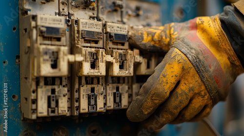 Hands of a Factory Worker in Yellow Gloves Operating Equipment - Industrial Safety, Maintenance, and Protective Gear photo