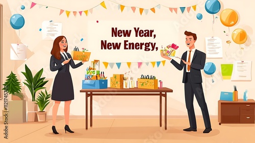 Illustration of a company team celebrating the new year 2025 with new targets and goals full of enthusiasm.
