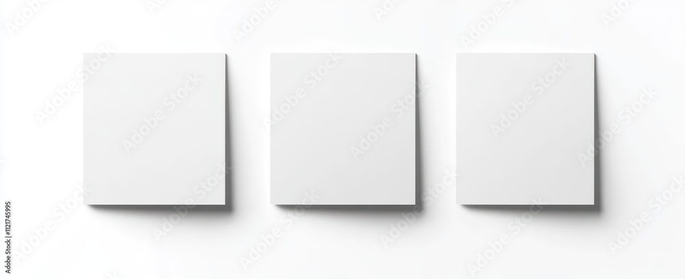 Three blank white square cards on white background. Three blank white square cards on white background.
