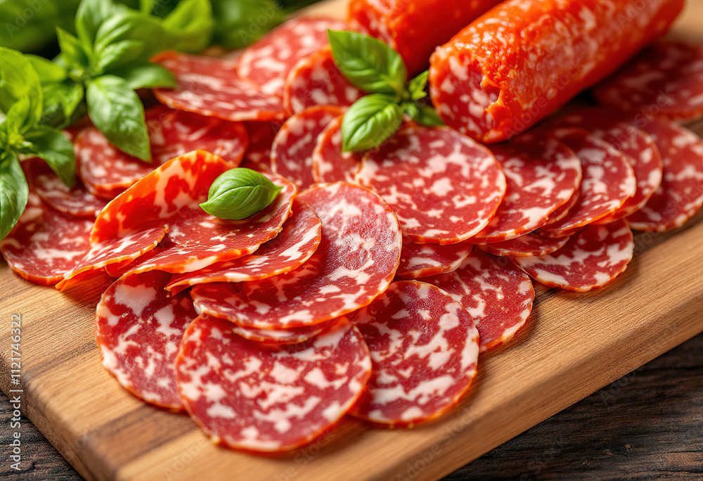 Sliced salami or chorizo sausage on a wooden cutting board, garnished with fresh green basil leaves Sliced salami or chorizo sausage on a wooden cutting board, garnished with fresh green basil leaves