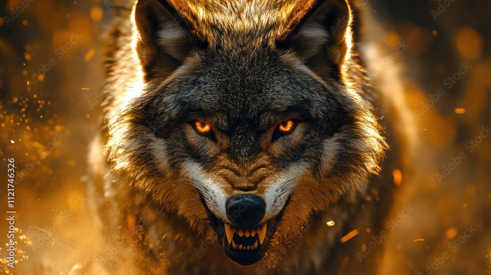 Fierce wolf surrounded by a fiery atmosphere Fierce wolf surrounded by a fiery atmosphere