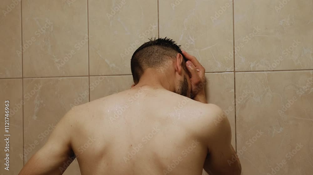 Depressed, anxious, sad man naked staying in shower. Upset man spending time in bath in morning. Tired and sad guy taking shower Depressed, anxious, sad man naked staying in shower. Upset man spending time in bath in morning. Tired and sad guy taking shower