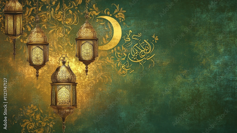 Naklejka premium Festive Eid Al-Fitr Lanterns with Golden Calligraphy