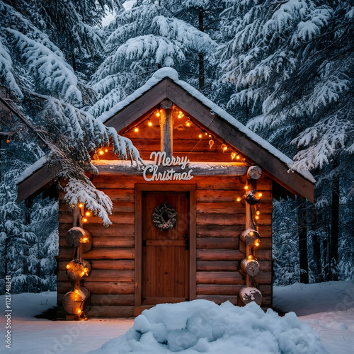 Cozy cabin in the woods decorated with Christmas lights, Festive winter cabin with twinkling Christmas lights in the w