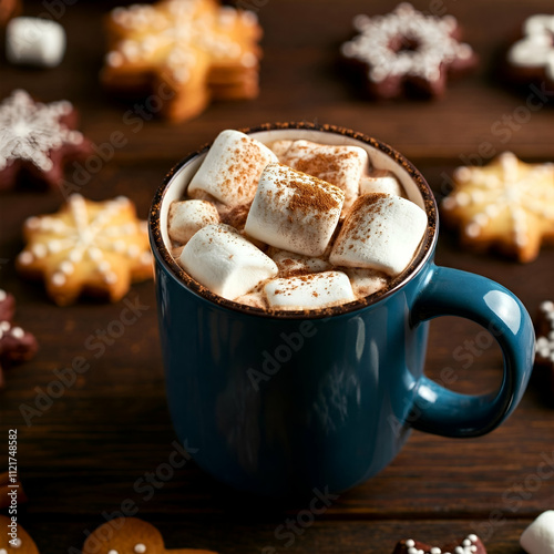 Cozy scene with hot chocolate topped with marshmallows and plate of cookies on rustic wooden table, Hot chocolate with marshmallows and cookies on rustic table for cozy moments