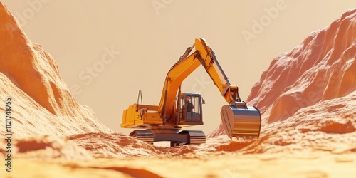 Excavator in a Desolate Orange Landscape: Heavy Machinery Operating in an Arid Environment