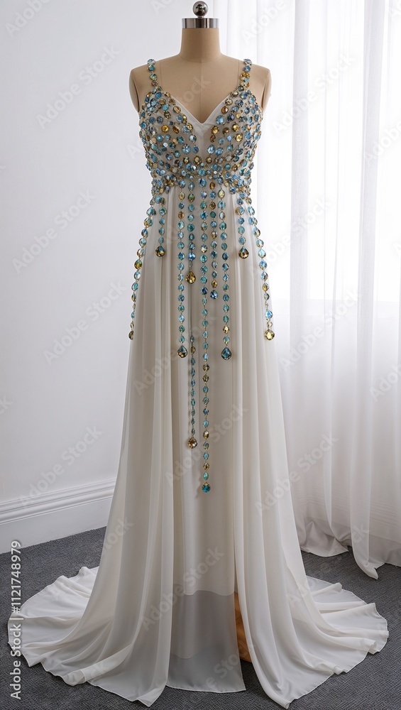 Long chiffon dress decorated with crystal beads and topaz stones white background Long chiffon dress decorated with crystal beads and topaz stones white background