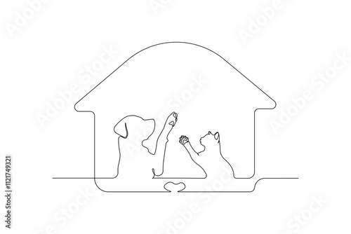Hand-drawn animal shelter concept line art logo. Pet house one-line art drawing. Vector illustration