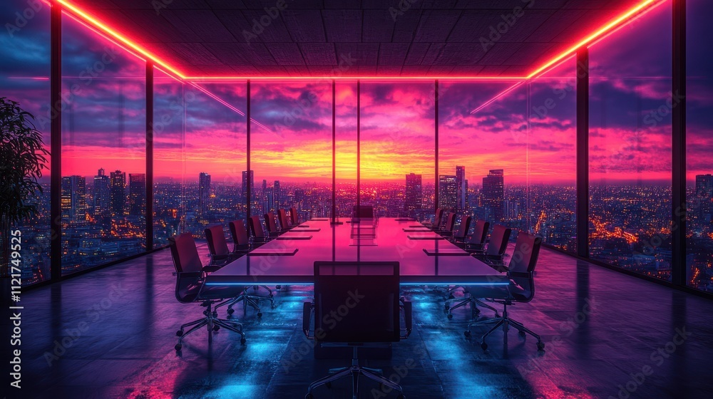 Fototapeta premium Modern conference room with city skyline at sunset