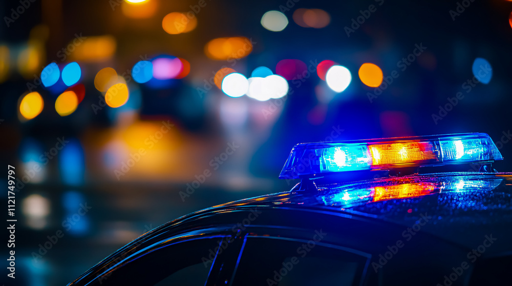 A close-up shot of police lights illuminating a dark street at night. A close-up shot of police lights illuminating a dark street at night.