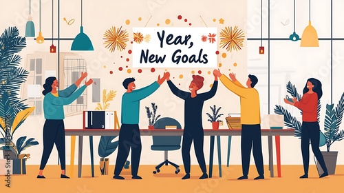 Illustration of a company team celebrating the new year 2025 with new targets and goals full of enthusiasm.