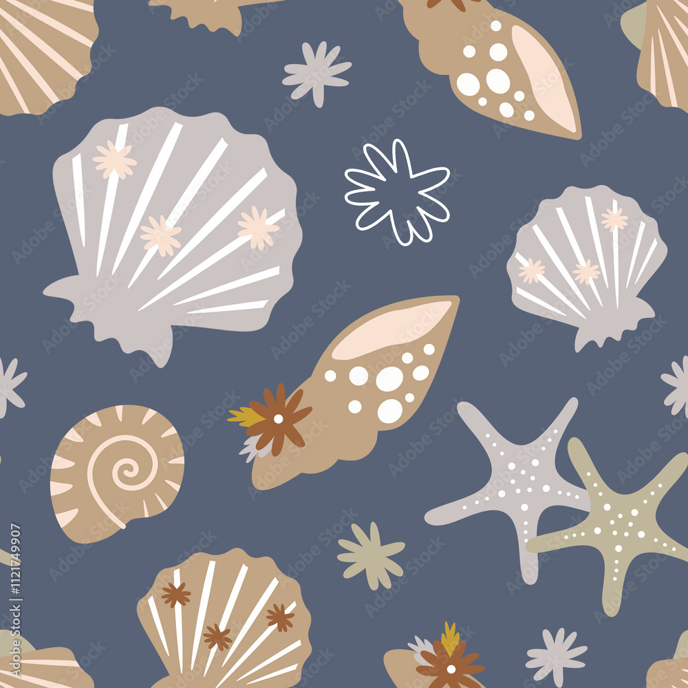Seashells seamless pattern design. Repeat pattern