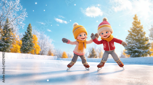 Animated characters ice skating on a snow covered ice rink. The background features a winter landscape with snow-covered trees and a blue sky with clouds. The characters are wearing warm winter clothi photo