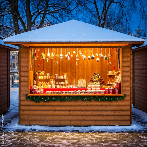 Festive Christmas market bustling with visitors, Adorned with twinkling lights and winter decorations in a snowy setting