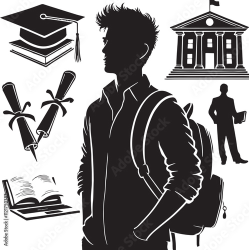  Student boy black and white silhouette assets in vector farm 