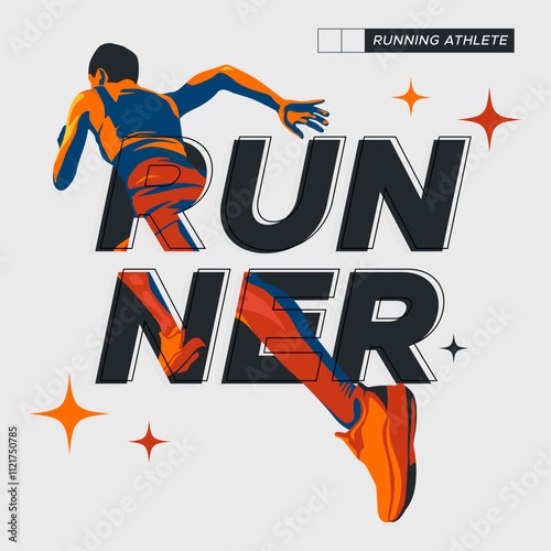 illustration of the silhouette of a sprint athlete. runner athlete with stylized flash of color on white background and geometric ornament. National sports day celebration concept