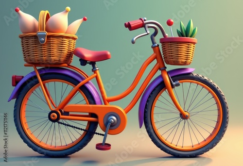 A colorful bicycle with baskets filled with  items, ready for a fun ride. photo