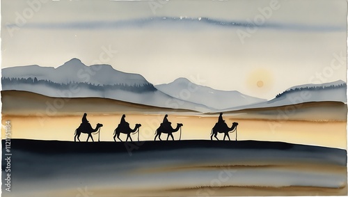 Serene Watercolor Desert Landscape with Silhouetted Figures on Camels, Misty Mountains, and a Soft Sun, Conveying a Sense of Journey and Natural Beauty