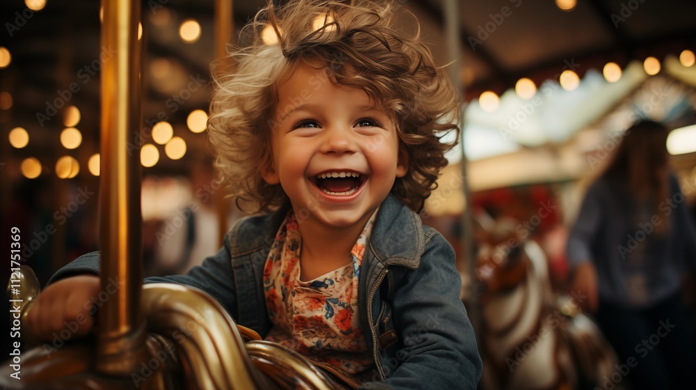 A young boy beams with joy as he enjoys a carousel ride at a lively amusement park. A young boy beams with joy as he enjoys a carousel ride at a lively amusement park.